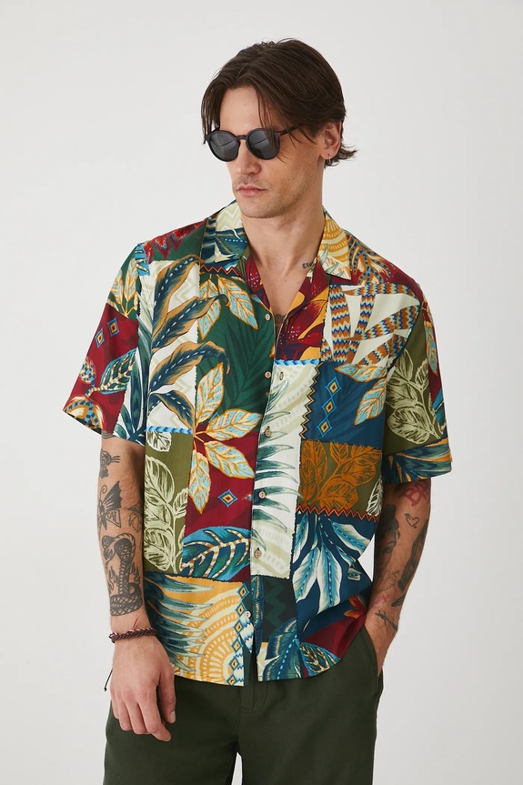 Koszula z domieszką lnu męska wzorzysta kolor multicolor multicolor RS25-KKMA15