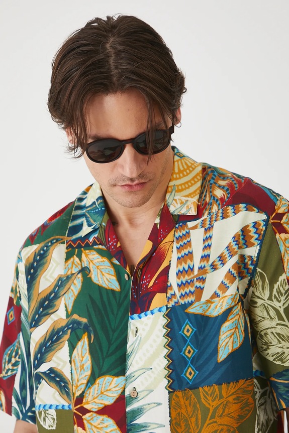 Koszula z domieszką lnu męska wzorzysta kolor multicolor RS25-KKMA15 multicolor