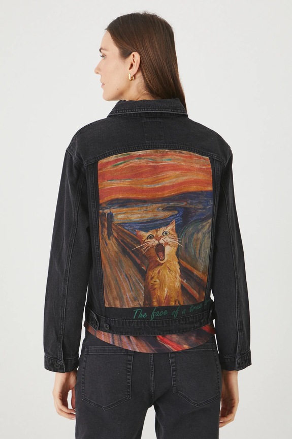 Oblečení Bavlněná džínová bunda dámská z kolekce pro milovníky koček černá barva RS25.KUD350 černá