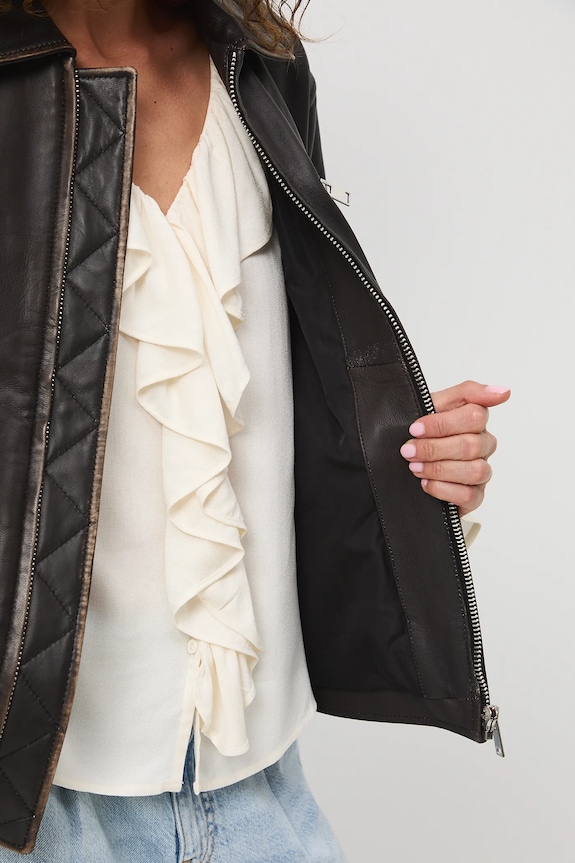 Kurtka biker skórzana damska kolor brązowy RS25-KUD407