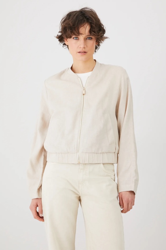 Kurtka z lnem damska gładka kolor beżowy RS25-KUD701 beżowy RS25