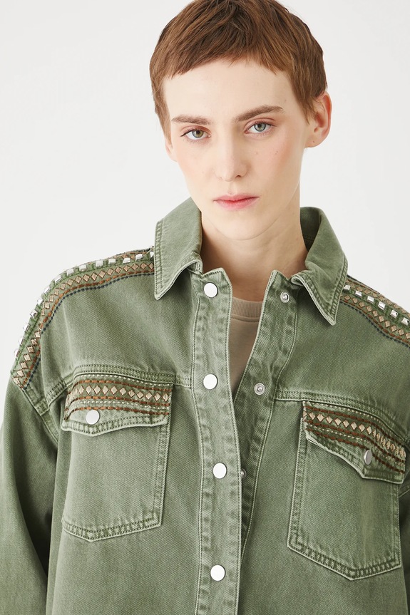 Kurtka jeansowa bawełniana damska z aplikacjami zielony RS25-KUD801