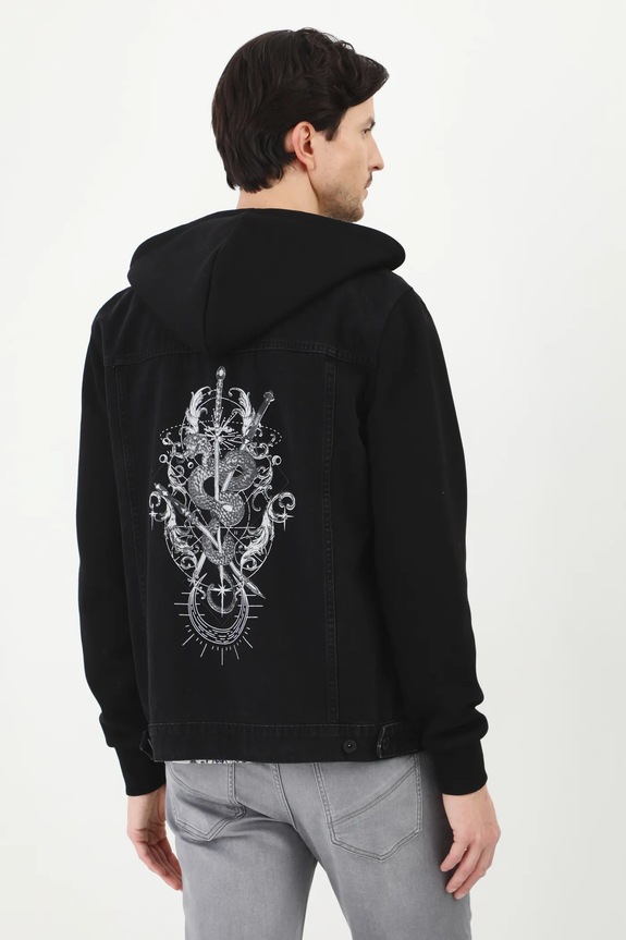 Odzież Kurtka jeansowa bawełniana męska z kapturem kolor czarny RS25.KUM400 czarny