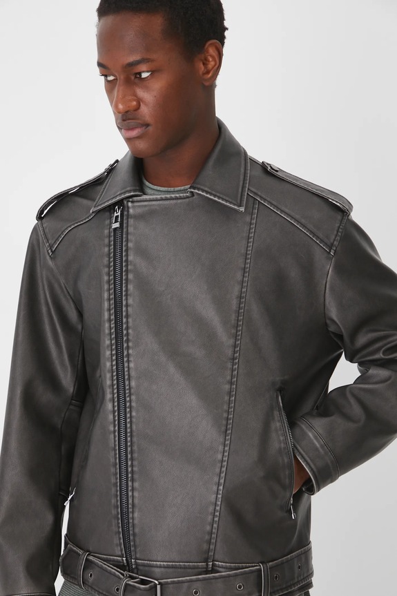 Kurtka biker męska z imitacji skóry kolor szary szary RS25-KUM404