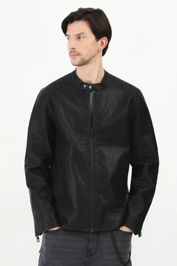 Motorkárska bunda pánska z ekologickej kože čierna farba bez kapucne čierna RS25-KUM411