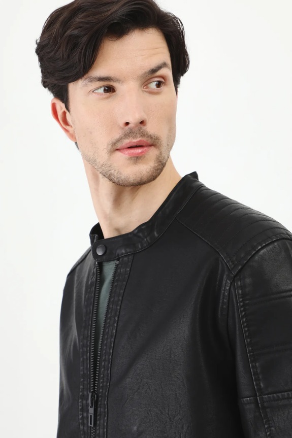 Motorkárska bunda pánska z ekologickej kože čierna farba čierna RS25-KUM411