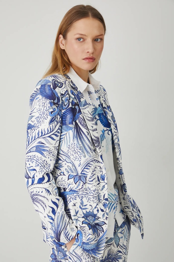 Marynarka z domieszką lnu damska wzorzysta kolor biały tkanina biały RS25-KZD700