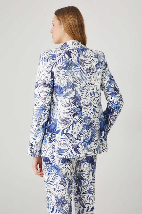 Odzież Marynarka z domieszką lnu damska wzorzysta kolor biały RS25-KZD700 biały