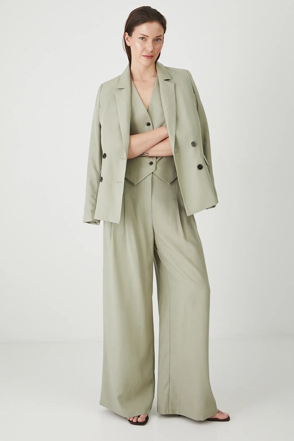 Kamizelka z domieszką lnu damska gładka kolor zielony RS25.KZD901