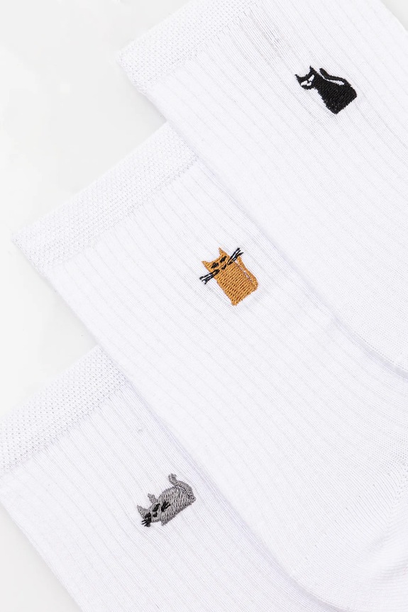 Odzież Skarpetki damskie z ozdobnym haftem w koty (3-pack) kolor biały RS25.LGD404 biały