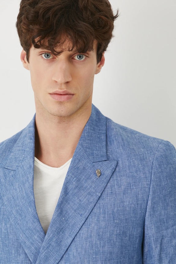 Odzież Marynarka lniana męska dwurzędowa melanżowa kolor niebieski RS25-MKM922 niebieski