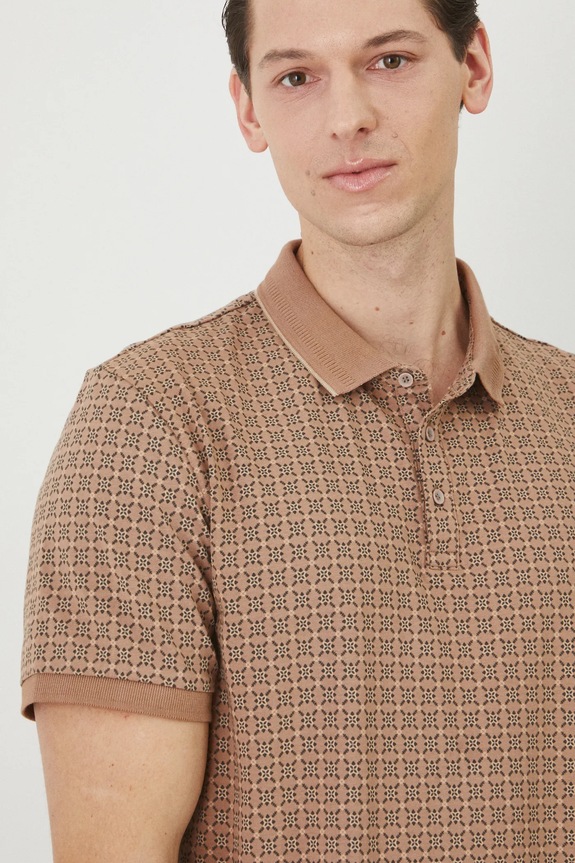 Bavlněné polo tričko pánské s elastanem a jemným vzorem béžová barva béžová RS25-POM060