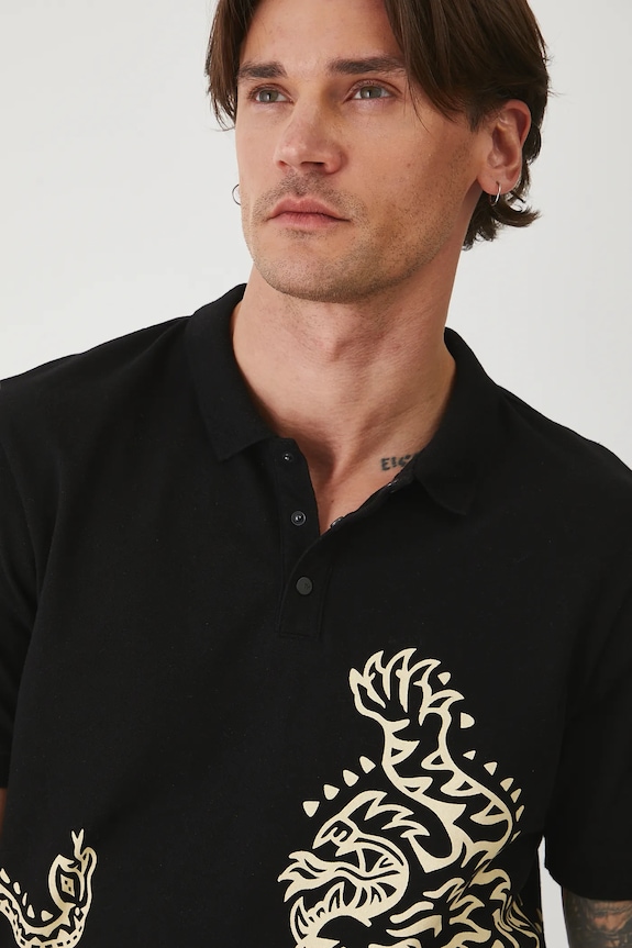 Polo bawełniane męskie z elastanem z nadrukiem kolor czarny z elastanem czarny RS25-POMA14