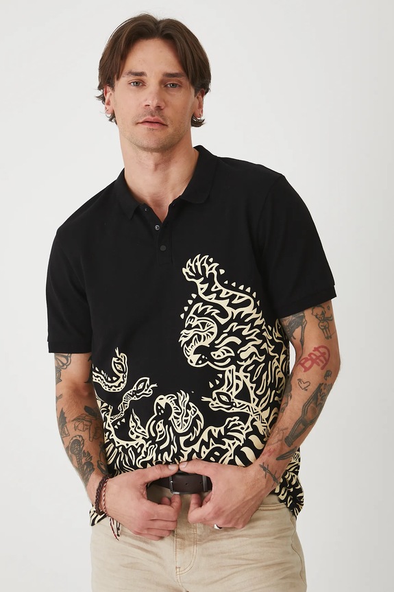 Polo bawełniane męskie z elastanem z nadrukiem kolor czarny czarny RS25-POMA14