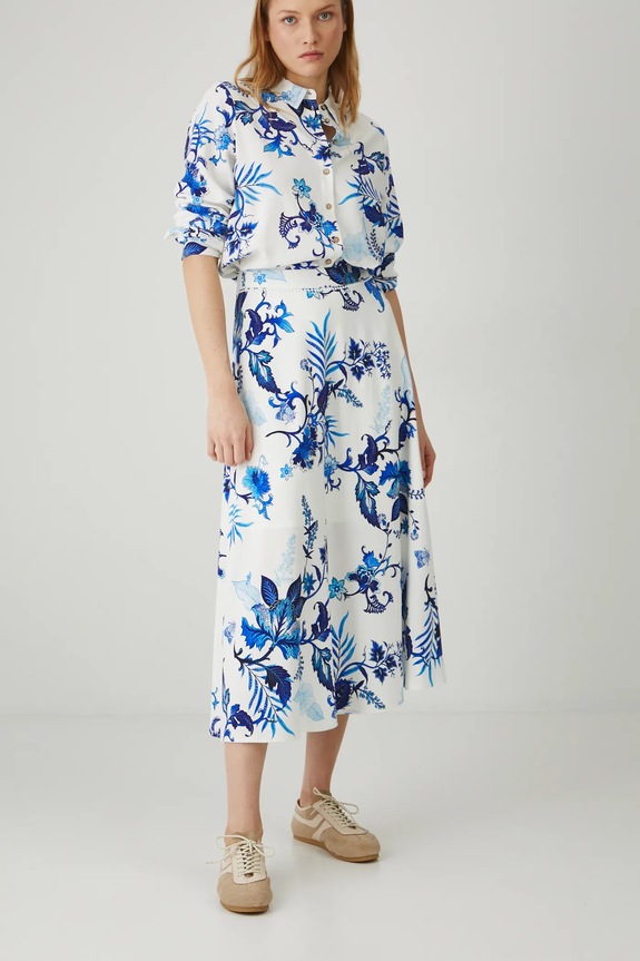 Sukňa s prímesou ľanu dámska maxi vzorovaná biela farba casual biela RS25-SDD700