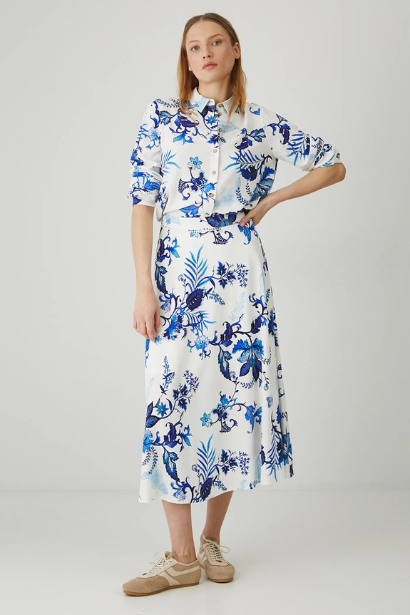 Sukňa s prímesou ľanu dámska maxi vzorovaná biela farba RS25-SDD700 biela RS25