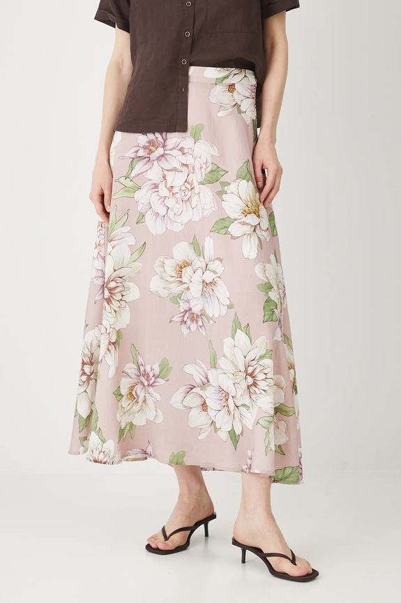 Spódnica damska maxi w kwiaty kolor różowy rozkloszowany różowy RS25-SDD901