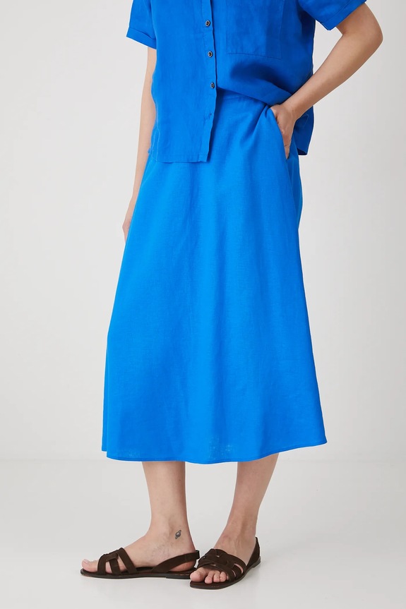 Spódnica z lnem damska midi gładka kolor niebieski midi niebieski RS25-SDD908