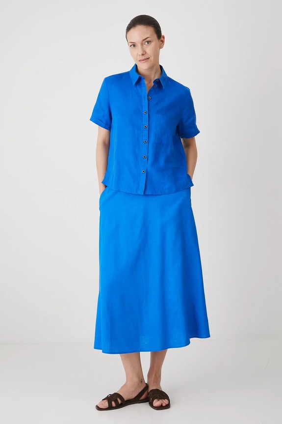 Spódnica z lnem damska midi gładka kolor niebieski RS25-SDD908 niebieski RS25