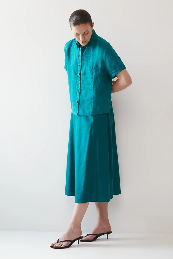 Spódnica z lnem damska midi gładka kolor zielony midi turkusowy RS25-SDD908