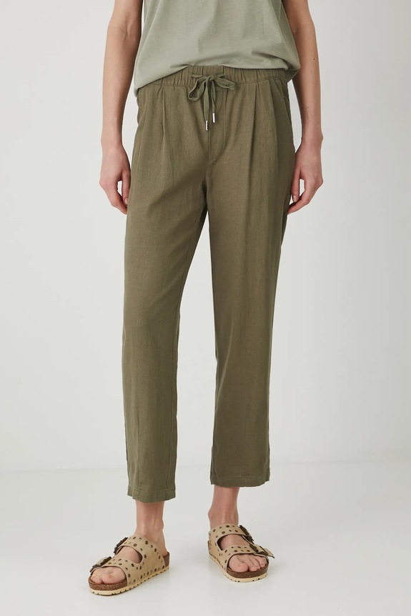 Spodnie z lnem damskie chino gładkie kolor zielony tkanina zielony RS25.SPD070
