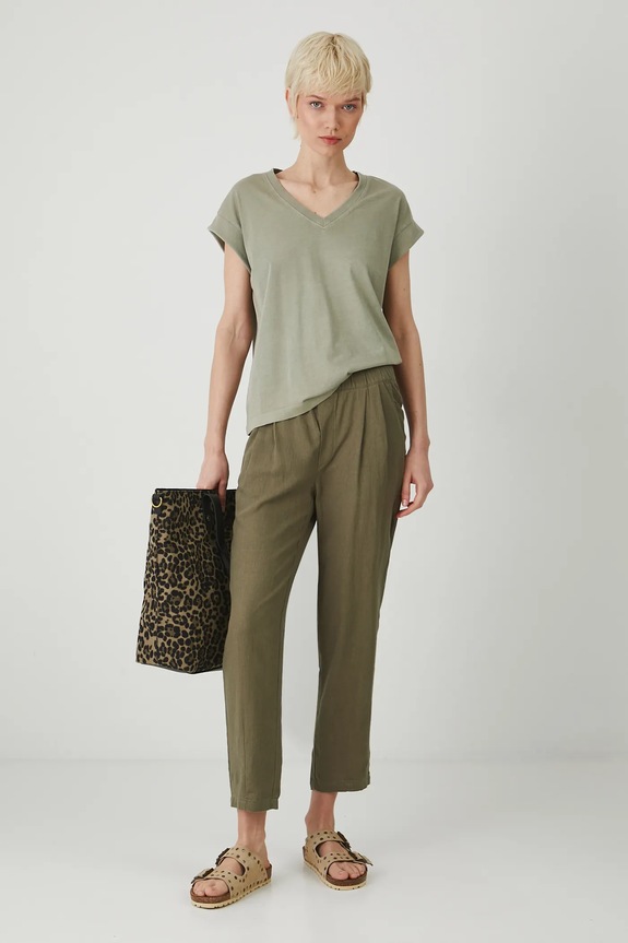 Spodnie z lnem damskie chino gładkie kolor zielony RS25.SPD070 zielony RS25