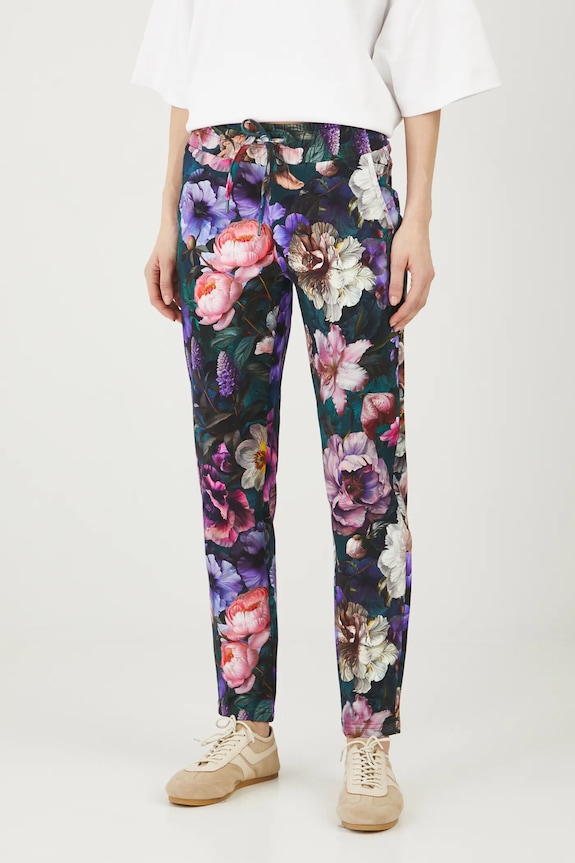 Bavlnené tepláky dámske s elastanom a s kvetinovým vzorom zelená farba s elastanom tyrkysová RS25.SPD308