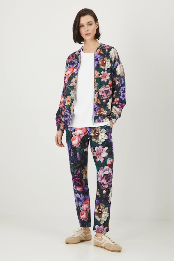 Bavlnené tepláky dámske s elastanom a s kvetinovým vzorom zelená farba RS25.SPD308 tyrkysová RS25