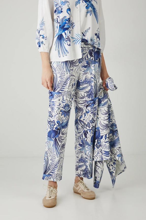 Spodnie z domieszką lnu damskie wzorzyste kolor biały prosty biały RS25-SPD704