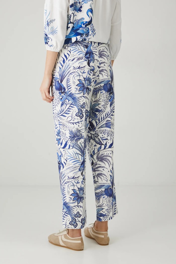 Odzież Spodnie z domieszką lnu damskie wzorzyste kolor biały RS25-SPD704 biały