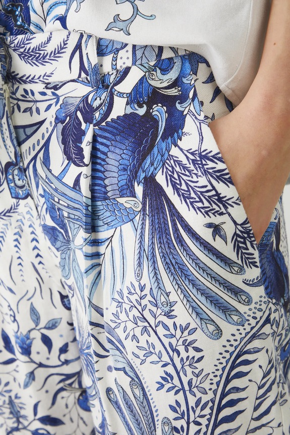 Spodnie z domieszką lnu damskie wzorzyste kolor biały biały RS25-SPD704