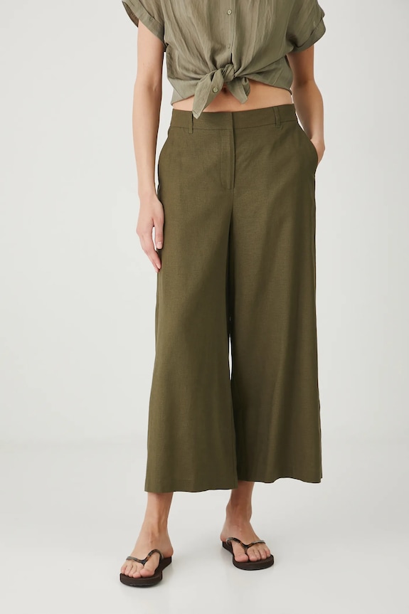 Spodnie z lnem damskie culottes gładkie kolor zielony RS25-SPD900 zielony RS25