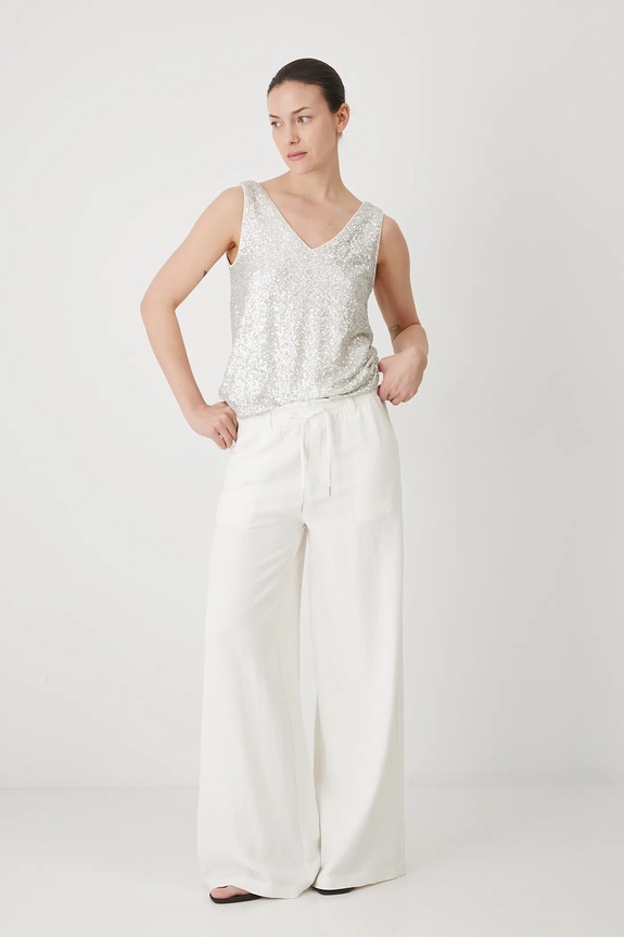 Spodnie z domieszką lnu damskie wide leg gładkie kolor beżowy tkanina beżowy RS25-SPD901