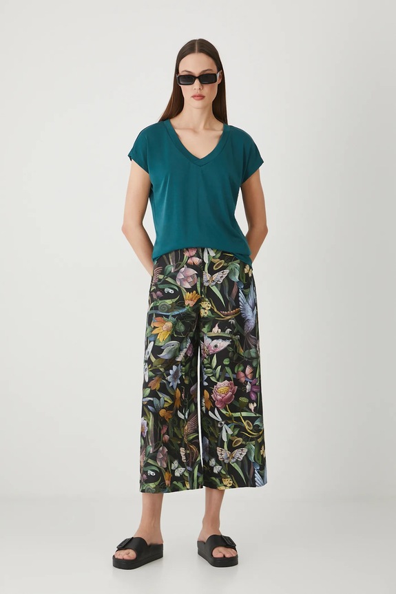 Spodnie z lnem damskie culottes gładkie kolor czarny tkanina czarny RS25-SPD903