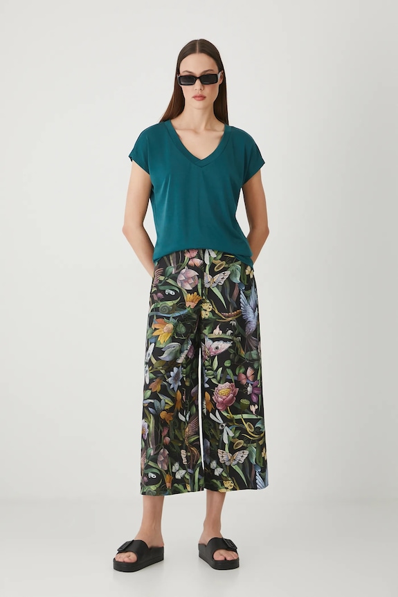 Spodnie z lnem damskie culottes gładkie kolor czarny tkanina czarny RS25-SPD903