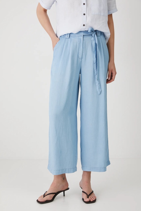 Spodnie damskie z paskiem z lyocellu kolor niebieski tkanina niebieski RS25-SPD909