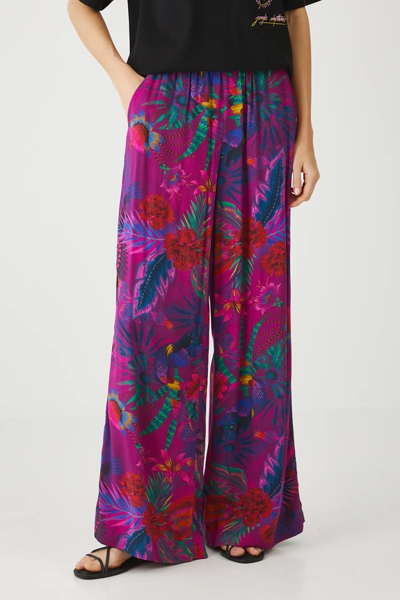 Spodnie damskie wide leg wzorzyste kolor różowy tkanina różowy RS25.SPDA03