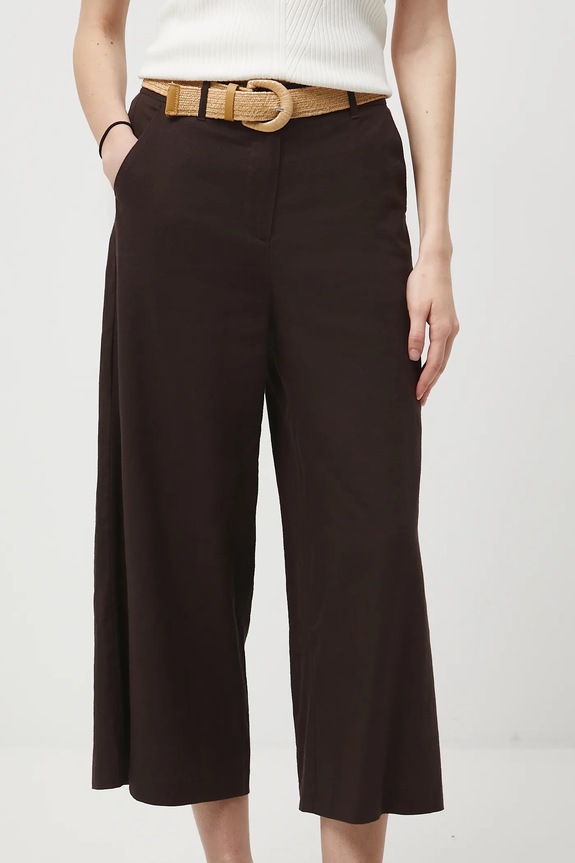 Spodnie z lnem damskie culottes gładkie kolor brązowy RS25-SPDB02 brązowy