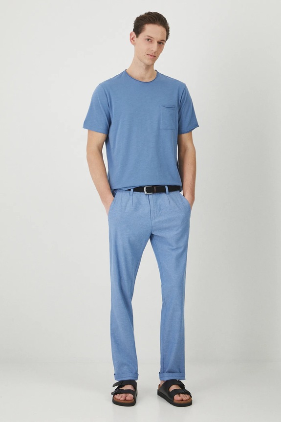 Spodnie z lnem męskie z paskiem melanżowe kolor niebieski RS25-SPM061 niebieski RS25