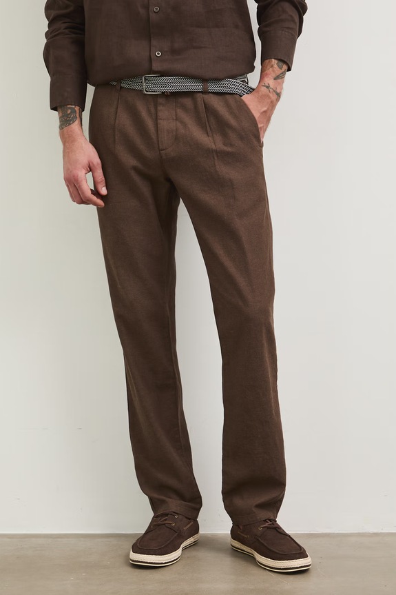 Spodnie z lnem męskie z paskiem melanżowe kolor brązowy RS25-SPM061 brązowy RS25