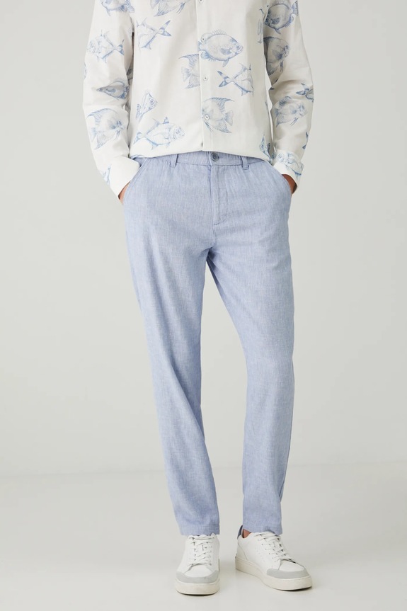 Spodnie z lnem męskie regular melanżowe kolor niebieski prosty niebieski RS25-SPM071