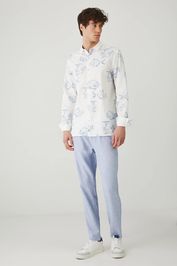 Spodnie z lnem męskie regular melanżowe kolor niebieski RS25-SPM071 niebieski RS25