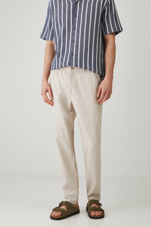 Spodnie z lnem męskie regular melanżowe kolor beżowy prosty beżowy RS25-SPM071