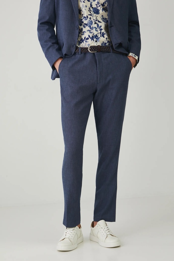 Spodnie z domieszką lnu męskie slim melanżowe kolor granatowy tkanina granatowy RS25-SPM703