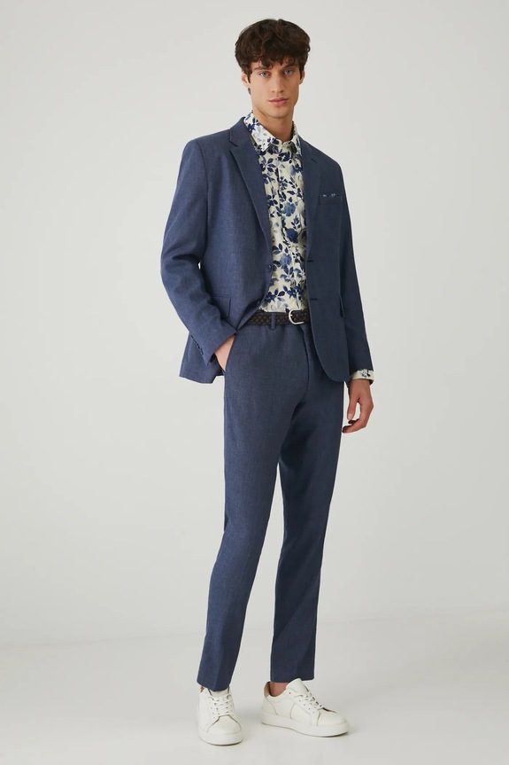 Spodnie z domieszką lnu męskie slim melanżowe kolor granatowy RS25-SPM703 granatowy RS25