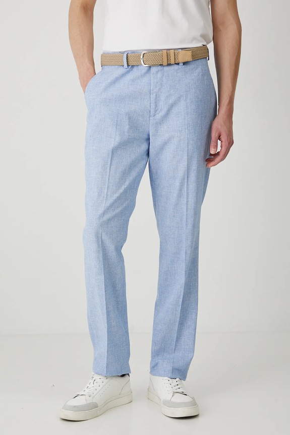 Spodnie z domieszką lnu męskie slim z drobnym wzorem kolor niebieski RS25-SPM821 niebieski RS25