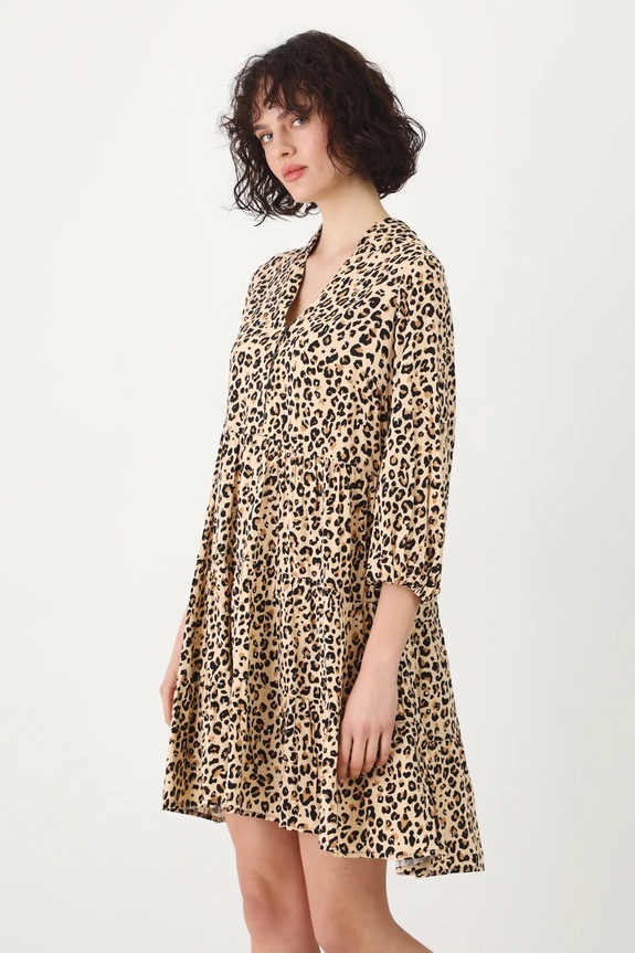 Odzież Sukienka mini z wiskozy w panterkę kolor beżowy RS25-SUD051 beżowy