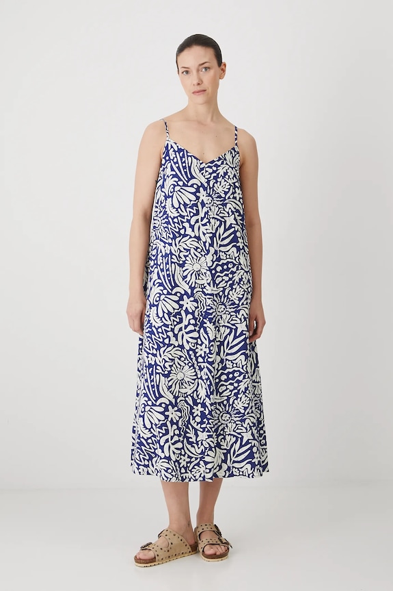 Sukienka z domieszką lnu damska maxi wzorzysta kolor granatowy casual granatowy RS25-SUD095