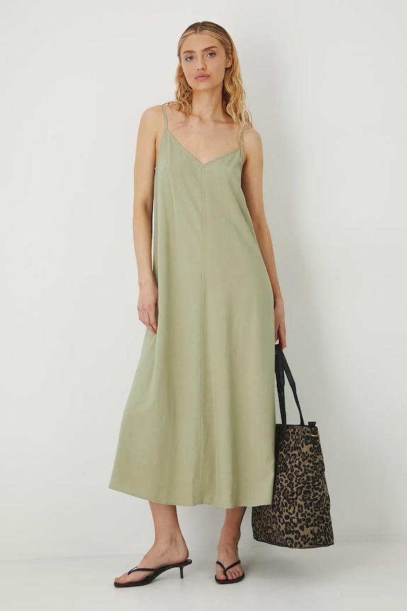 Sukienka z domieszką lnu damska maxi gładka kolor zielony RS25-SUD095 zielony RS25
