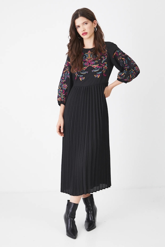 Sukienka damska midi z ozdobnym haftem kolor czarny aplikacja czarny RS25-SUD105
